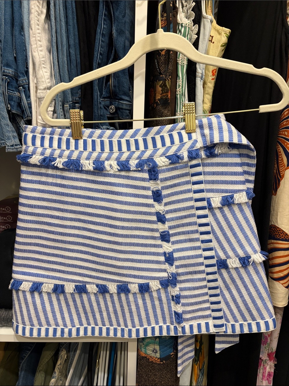 HUNTER BELL Blue and White Striped Fringe Wrap Mini Skirt bay skirt